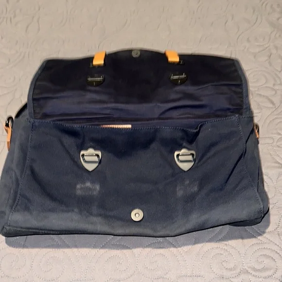 Ben Minkoff Navy Blue Waxed Canvas & Vachetta Leather Trim Laptop Bag EUC